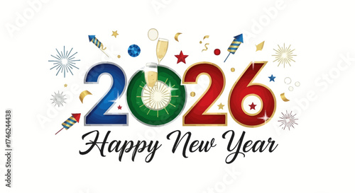 An illustrative design for a Happy New Year 2026 celebration, featuring a midnight clock, champagne toast, and festive fireworks on a white background