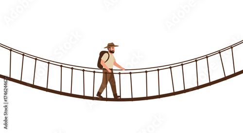 A Confident Hiker Crossing a Suspension Bridge Adventure and Determination