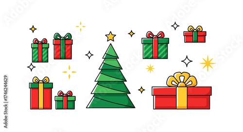 A vector illustration containing Christmas symbols like trees, gifts, and sparkles, white background