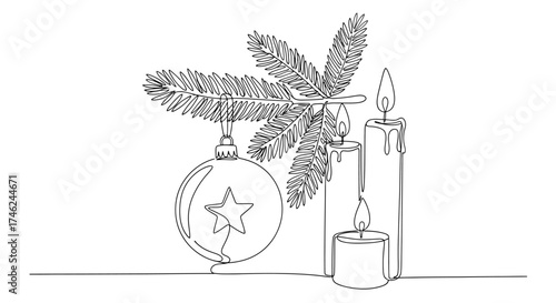 Continuous line drawing of Christmas ornament, fir branch, and candles creating a festive holiday scene, white background