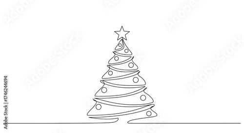 Minimalist continuous line drawing of a Christmas tree with a star, white background