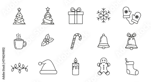 A set of minimal line icons depicting Christmas and winter holiday symbols, white background