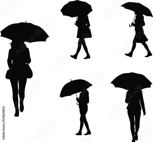 Silhouette people with umbrellas, walking in rain, rainy day concept, umbrella protection, urban lifestyle, weather illustration, pedestrians, stormy weather scene