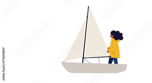 Girl sailing on a white sailboat with a yellow raincoat in the water
