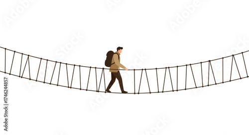 Brave man crossing a swinging rope bridge representing risk-taking and determination