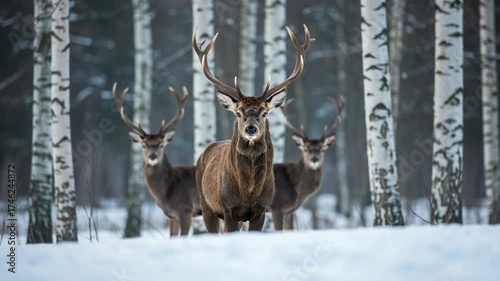 Wallpaper Mural Majestic stag with antlers stands in a snowy forest with two deer behind him Torontodigital.ca