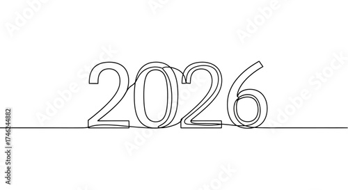 A minimalist, continuous line drawing depicts the numbers 2026, symbolizing the upcoming year in a simple, artistic style