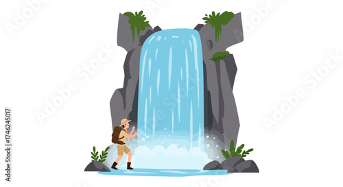 Waterfall Adventure Man Admiring Nature's Majesty in a Lush Landscape, Perfect for Hiking and Outdoor Exploration