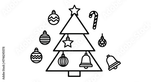 Outlined Christmas Tree and Ornaments Vector Illustration for Holiday Designs, white background