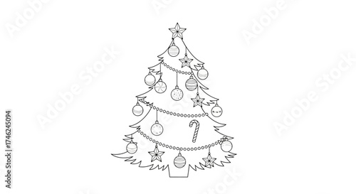 Outlined Christmas Tree and Ornaments Vector Illustration for Holiday Designs, white background