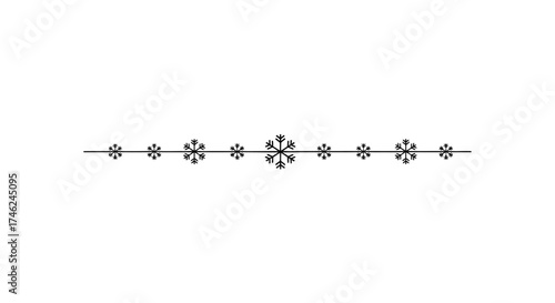Minimalist snowflake vector divider line in black and white, white background