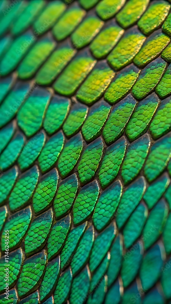 Obraz premium Macro close-up of iridescent emerald green scales pattern