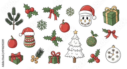 Collection of hand-drawn Christmas doodle elements, including ornaments, snowflakes, trees, gifts, and branches, white background