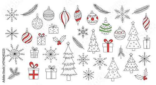 Collection of hand-drawn Christmas doodle elements, including ornaments, snowflakes, trees, gifts, and branches, white background