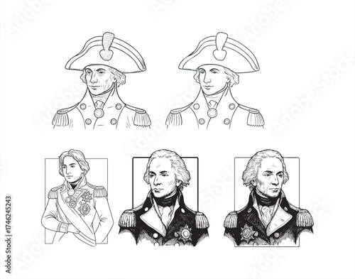 set of Mr Dear Admiral Nelson statue in Trafalgar Square, London, England, UK. Nelson colunm. Travel London label isolated.