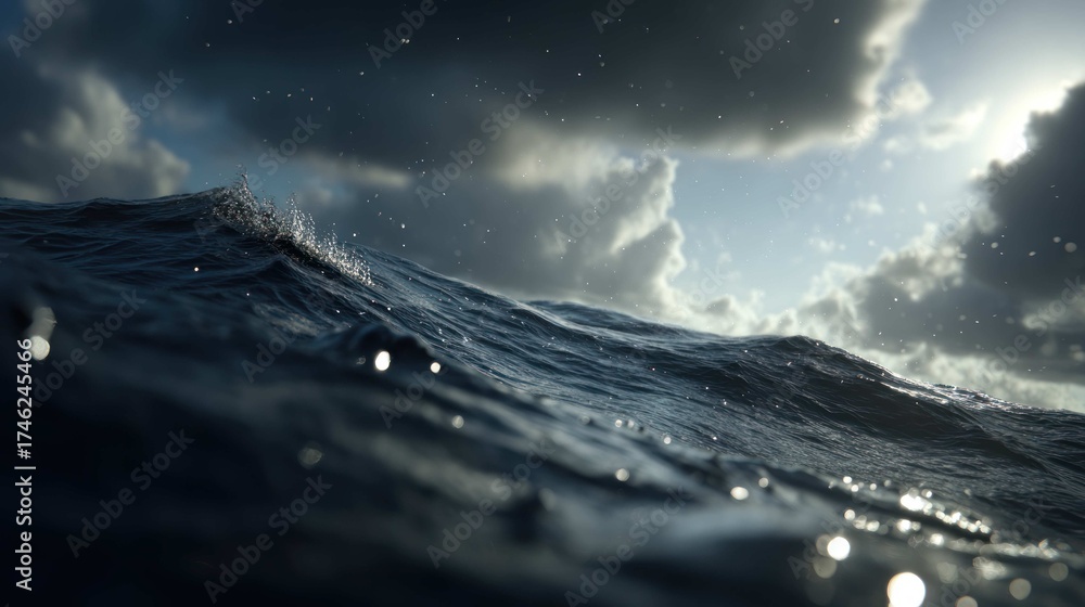 Fototapeta premium Ocean waves under a cloudy sky with sunlight breaking through the clouds.