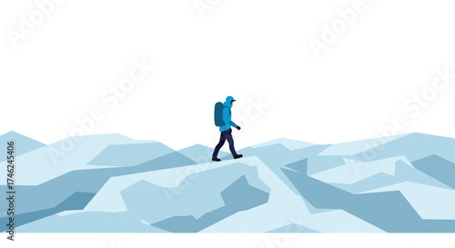 Blue Landscape Journey A Lone Hiker's Expedition Across a Snowy Mountain Range