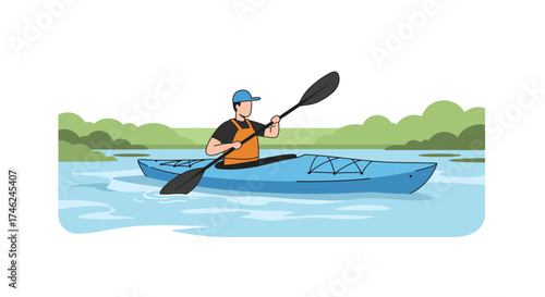 A man kayaking on a calm river with lush green banks in the background, showcasing a tranquil outdoor experience