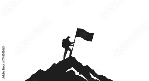 Silhouette of a Hiker Reaching the Summit with a Flag A Symbol of Success and Perseverance