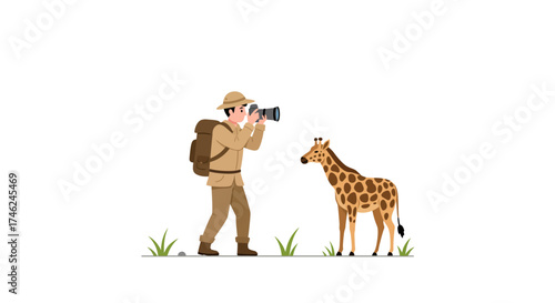 African Wildlife Photography Capturing Giraffe in the Savanna with Tourist and Camera