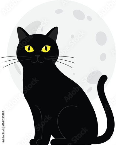 Mysterious black cat sitting in front of a pale full moon illustration isolated on transparent background
