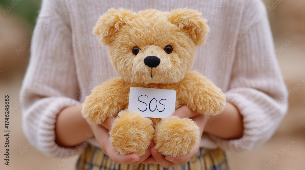 Obraz premium Child Holding Teddy Bear With SOS Note
