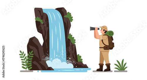 Nature Observer Admiring Waterfall Scenery Illustration