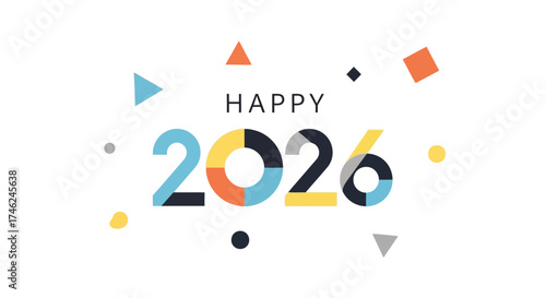 Happy New Year 2026 Festive Celebration with Geometric Shapes and Colorful Design