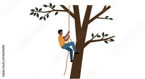 Ascending to New Heights A Vector Image of a Man Climbing a Tree with a Rope