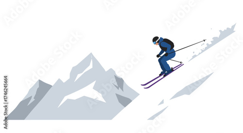 Downhill Adventure Skier Descending Snowy Mountain Slope