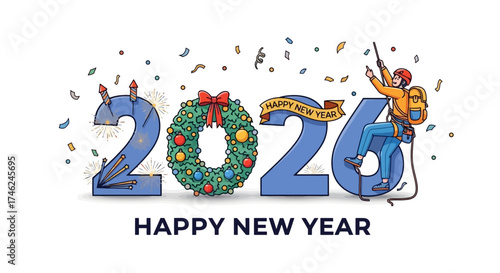 Happy New Year 2026 greeting card with a climber scaling the numbers, symbolizing achieving new goals and challenges