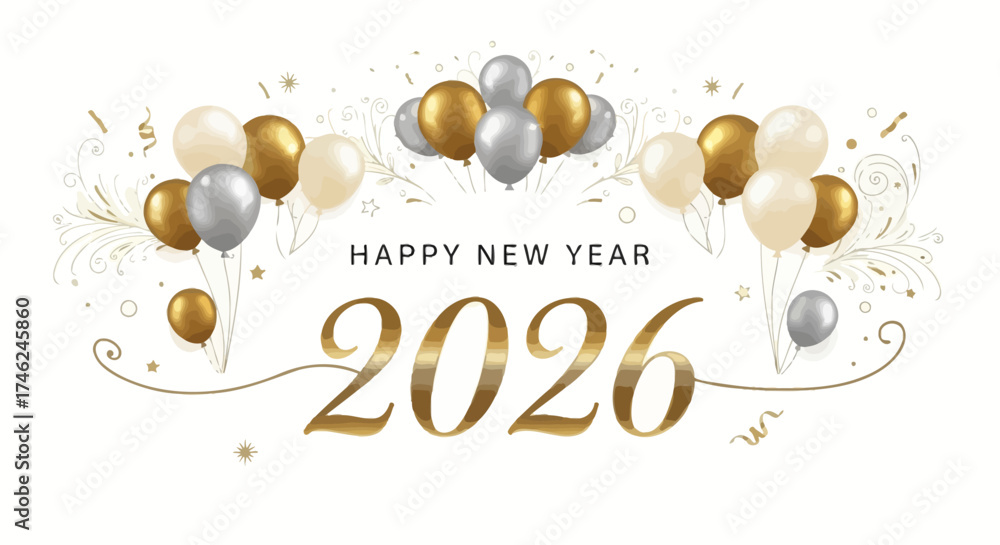 Naklejka premium Elegant New Year's Eve celebration with balloons and confetti for 2026.