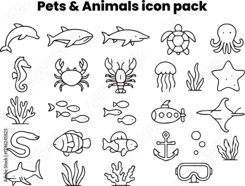 Minimal line icons featuring marine life such as fish, dolphin, and turtle. Suitable for aquarium logos, marine education materials, and eco-themed designs