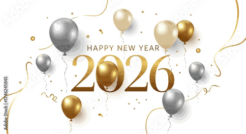 Happy New Year 2026 greeting with elegant gold and silver balloons and confetti on a white background.