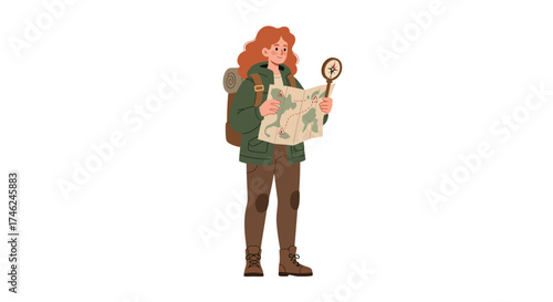 Lost in the Woods A Hiker Navigating with Map and Magnifying Glass