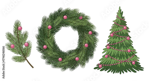 Christmas decorations: fir branch, wreath, and tree with pink ornaments.