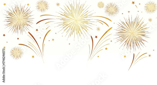 Golden fireworks exploding in a festive celebration display on a white background with copy space.