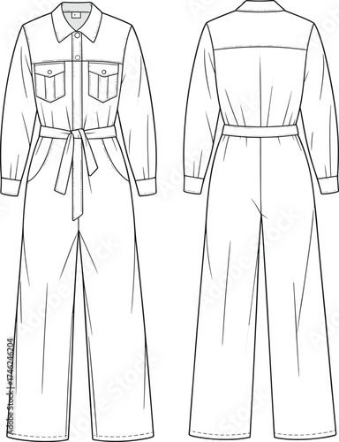 Flat vector illustration of women’s belted jumpsuit with shirt collar, chest pockets, long sleeves, straight leg, front and back view, technical sketch