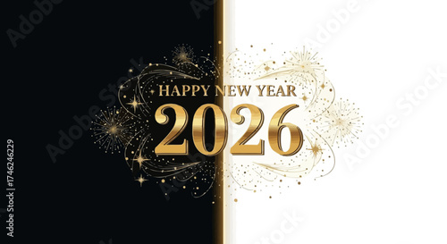 Happy New Year 2026 greeting card with golden text and fireworks on a split black and white background, elegant design.