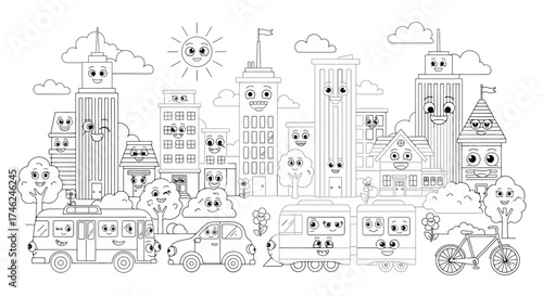 Black and white illustration of a city with smiling buildings, vehicles, and natural elements.