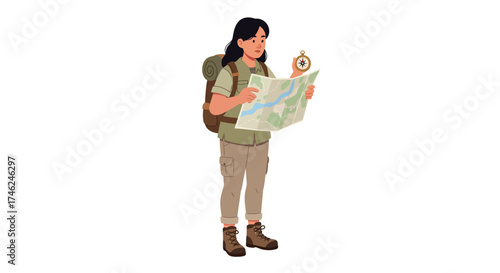Young Woman Hiker Navigating with Map and Compass on Outdoor Adventure