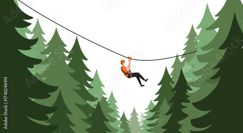 Adventurer Ziplining Through Lush Green Forest Canopy