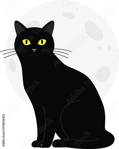 Mysterious black cat with bright yellow eyes sits gracefully against a faint full moon isolated on transparent background