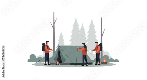 Adventurers Setting Up Camp in a Forest Illustration