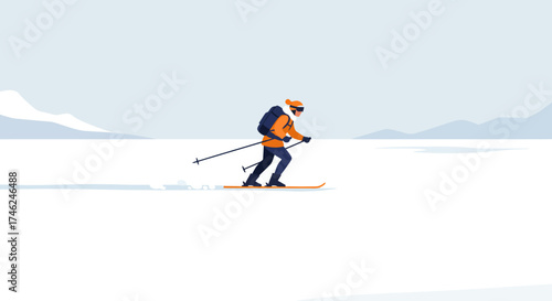 A lone cross-country skier ventures across a flat, snowy expanse, with minimalist mountains in the background