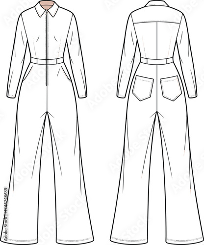 Flat vector illustration of women's long sleeve jumpsuit with collar, front zipper, wide leg, belt waist, back patch pockets, technical sketch