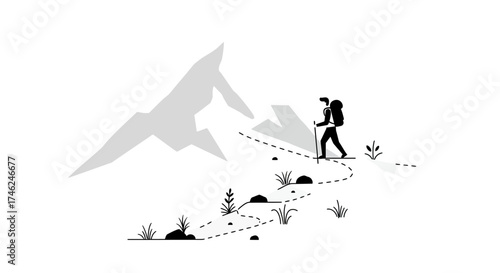 Mountain Adventure Hiker Ascending a Peak in Minimalist Style