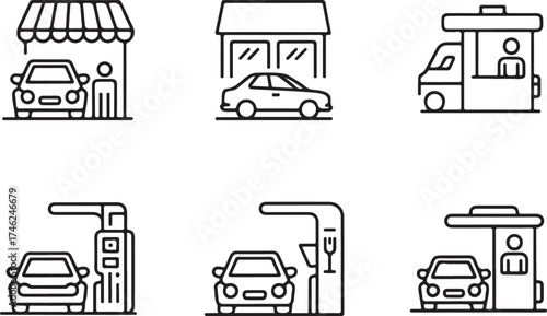 Drive-Thru Icon Set – Restaurant, Takeaway, and Menu Vector Illustrations