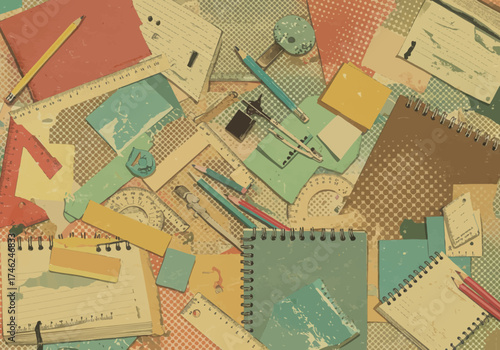 School supplies scattered notebooks pencils rulers and geometry tools