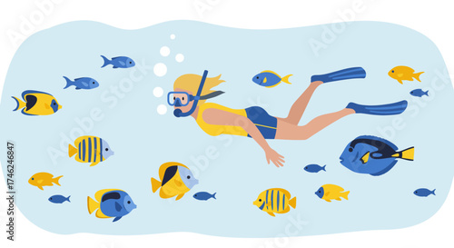 Underwater Adventure Diver Surrounded by Colorful Tropical Fish in the Ocean